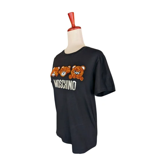 Moschino Sequin Teddy Bear Hear/Speak/See No Evil Short Sleeve T-Shirt - Picture 5 of 8